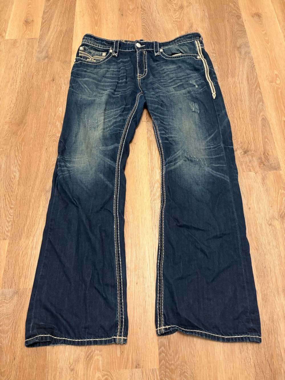 Rock Revival Tristan Bootcut Men's Dark Blue Jeans Thick Stitch Distressed 40